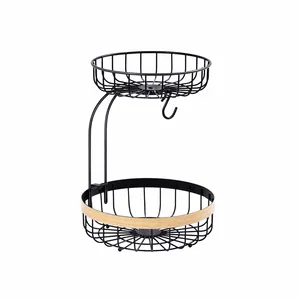 WIREKING 2 Tier Fruit Stand Basket Fruit Basket with Banana Hook Multipurpose Round Storage Basket Wire