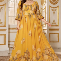 Robe de soirée élégante en mousseline de soie, grande taille, coupe aléatoire, imprimé floral, col cœur, manches longues lanternes, plissée, coupe trapèze, longueur maxi