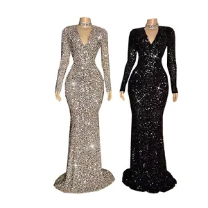 Meilleure vente Robe de soirée noire et or Robe de sirène Champagne à paillettes Robe de bal élégante pour femme