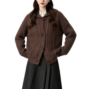Cárdigan de Punto Grueso Suave Color Crema para Mujer, Otoño Invierno 2026, Venta al por Mayor, con Botones de Palanca, Cuello con Muescas, Estilo Oversize Retro - Product Image 5
