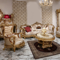 Ensemble de salon de style turc classique haut de gamme, canapés en velours sculptés à la main, fauteuil en bois, table basse dorée
