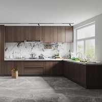 Meuble de cuisine modulaire carré moderne en bois grainé brun foncé, éco-responsable, avec comptoir en marbre artificiel, robinet et rangement à 3 tiroirs