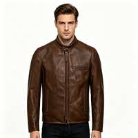 Blouson Moto Homme Vintage Marron en Cuir PU Col Montant Entièrement Zippé Style Café Racer avec Multiples Poches Zippées