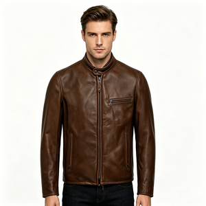 <span class=keywords><strong>Blouson</strong></span> Moto <span class=keywords><strong>Homme</strong></span> Vintage Marron en <span class=keywords><strong>Cuir</strong></span> PU Col Montant Entièrement Zippé Style Café Racer avec Multiples Poches Zippées - Product Image 1