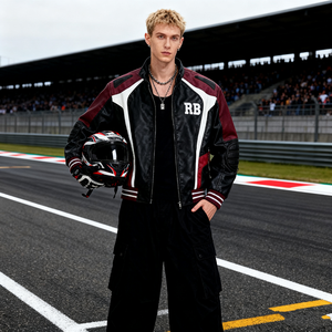 سترة جلدية للرجال بتصميم رياضي، أكمام مضلعة، خطوط جانبية، مبطنة عند المرفقين، مصنوعة من مواد متينة، ملابس رياضية عصرية - Product Image 2