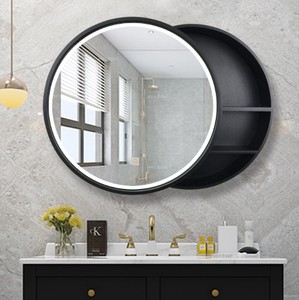 Armadietto a Specchio LED Rotondo per <span class=keywords><strong>Bagno</strong></span> con Ante Scorrevoli e Vano Portaoggetti, Vendita Diretta dalla Fabbrica per Ordini all'Ingrosso per Hotel e Progetti - Product Image 1
