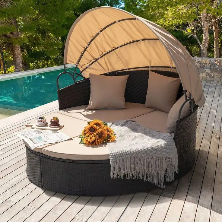 5-Piece Patio Wicker Daybed Lounger Set Canopy daybed Set Swimming Pool Garden Hotel