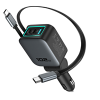 Chargeur de voiture rétractable 102W avec câbles coulissants double Type-C, charge rapide PD, adaptateur USB C multi-ports pour ordinateur portable, téléphone, tablette