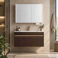 Meuble de salle de bain mural OEMODM avec miroir LED, armoire de rangement, vasque en céramique, en contreplaqué/bois d'hévéa