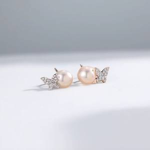 Accessoires en perles DIY, clous d'oreille en argent S925, support vide, style papillon, boucles d'oreilles tendance avec perles rondes de 6 à 9 mm, style tendance - Product Image 4