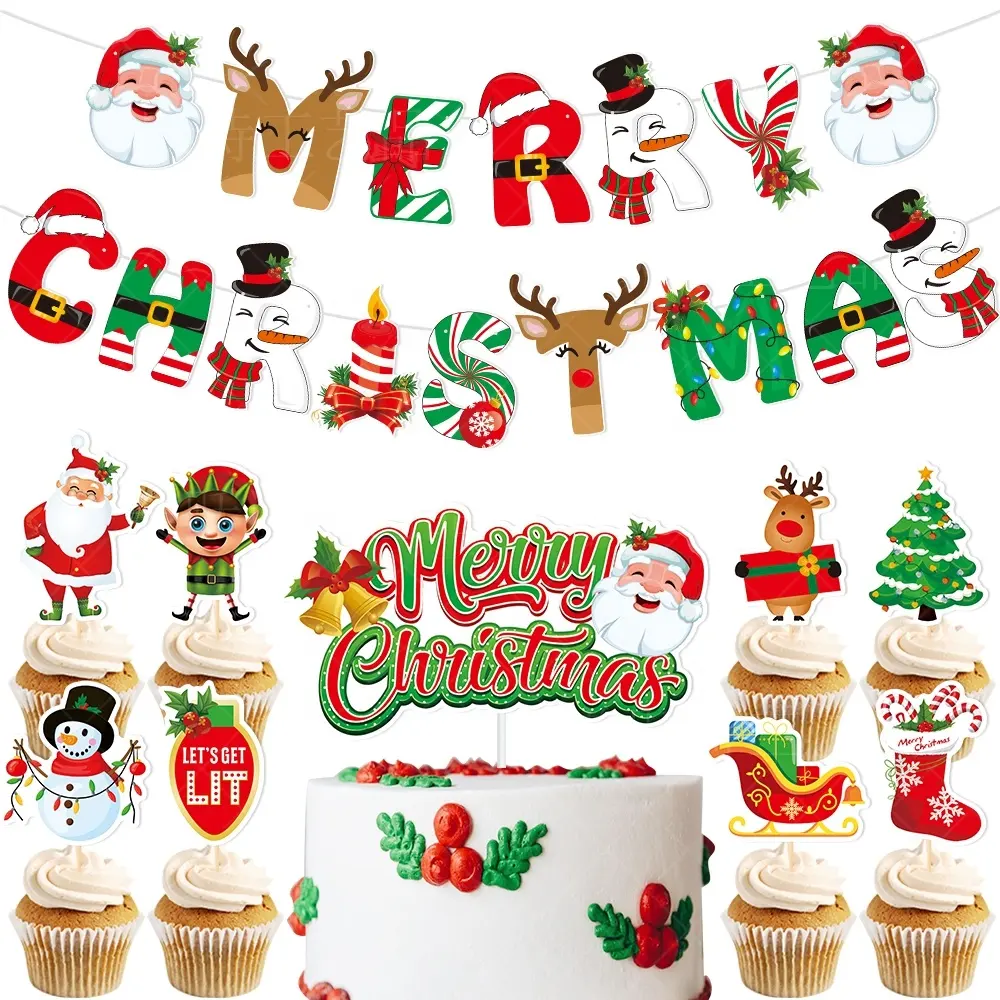 Neues Produkt Weihnachts dekoration Schneemann Set Frohe Weihnachten Banner Cartoon Cake Toppers für Geburtstag Weihnachts feier