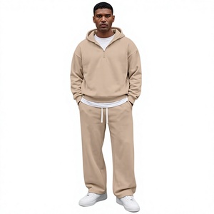 Ensemble de sweat-shirt à capuche beige pour homme, coupe ample, en coton French Terry, couleur unie, respirant, pour l'automne - Product Image 1