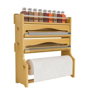 Eco Friendly Products 2023 Foil <b>Plastic</b> <b>Wrap</b> Organizer Dispenser Bamboo <b>Wrap</b> Dispenser with Towel Holder and Spice Shelf - Product Image 1