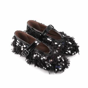 Chaussures <span class=keywords><strong>de</strong></span> ballet pour femmes en sequins noirs <span class=keywords><strong>de</strong></span> luxe 2024, mélange <span class=keywords><strong>de</strong></span> plumes, légères, antidérapantes, bout rond, plates, chaussures Mary Jane - Product Image 3