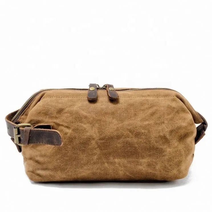 Kişiselleştirilmiş erkek tıraş klasik erkek çantası deri saplı mumlu tuval seyahat kozmetik yıkama makyaj çantası