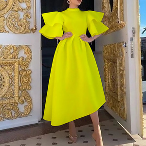 Vestido Europeo Q065 para <span class=keywords><strong>Mujer</strong></span>, Verano <span class=keywords><strong>2022</strong></span>, Nuevo, Doble Capa, Manga con Volantes, Color Sólido, Falda Grande - Product Image 4