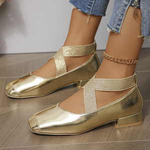 Zapatos Planos de Mujer para Primavera/Verano, con Punta Cuadrada, Correa Dorada en el Tobillo, Plataforma para Aumentar la Altura, Textil Sólido, Estilo Mary Jane, para Bailar - Product Image 2