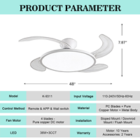 Ventilateur de plafond rétractable de 48 pouces, design à profil bas, lumière à spectre complet à intensité variable avec télécommande, ventilateur moderne à profil bas
