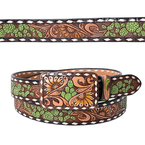 Cinturón de piel de vaca marrón occidental hecho a mano con estampado floral Aleación de zinc de piel de vaca genuina directa de proveedores indios - Product Image 1