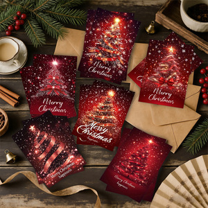 Perlengkapan Natal 12/24 Pcs 6 Desain Pohon Natal Berbeda Kartu Ucapan Natal dengan Amplop Set Kartu Selamat Natal - Product Image 1
