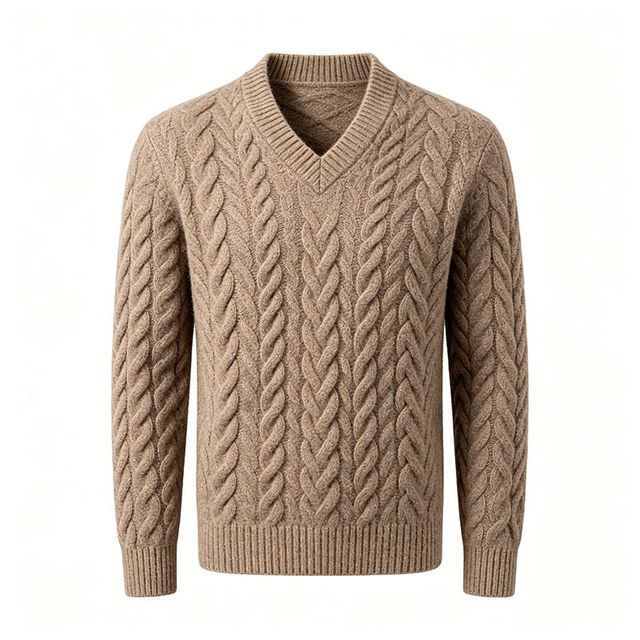 100% Wool Men's V-Neck Cable Knit Sweater Aran Heritage Chunky Pullover Classic Textured Knit Long Sleeve ODM