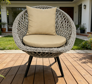 Chaise de bistrot ronde en osier pour patio avec coussin épais beige pour jardin, cour, balcon, terrasse, bord de piscine - Product Image 2