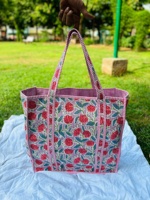 Tas tangan wanita bermotif blok India tas Tote besar katun berlapis hadiah perjalanan hadiah Natal untuk dia kembali ke tas sekolah