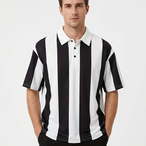 Polo de Manga Corta a Rayas Blancas y Negras para Hombre, Corte Regular, Diseño Casual con Cuello Tejido, Lavado Enzimático, Transpirable y Antiarrugas - Product Image 1