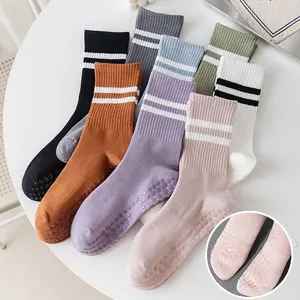 Chaussettes d'intérieur antidérapantes mi-mollet pour femmes, en coton, Yoga, Pilates