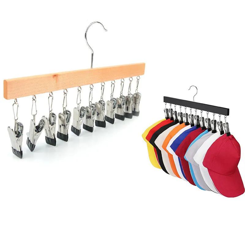 DS3035 Baseball Hat Holder Wood Hat Organizer Racks for Baseball Caps with 10 Clips Coat Hook Wooden Hat Hangers for Closet