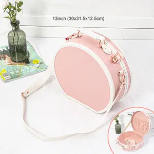 (Embossed Pink) 13inch Vintage Carry on Suitcase Small PU Leather Train Case with Metal Snap for Women
