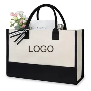 Bolso de playa de lona informal a la moda con logotipo personalizado bolso de mano de mujer bolso de compras de lona de gran capacidad