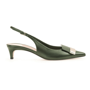 Sandalo con tacco basso in <span class=keywords><strong>pelle</strong></span> verde a punta, modello slingback, comodo per il lavoro e il tempo libero, collezione 2025. - Product Image 1