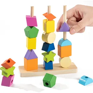 Brinquedo de coluna de manga de madeira para crianças, brinquedo educativo de empilhamento de blocos de cores combinando