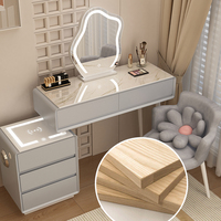 Table de maquillage moderne et élégante, style crème, en bois massif avec plateau en pierre, pour petits appartements, avec miroir LED intégré