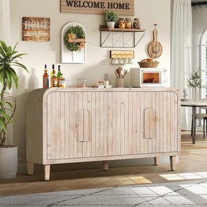 Farmhouse Curved Storage Sideboard 59 Inch Vertical Wood Grain Carving Adjustable <b>Shelves</b> <b>Kitchen</b> Living Room Cabinet - Product Image 1