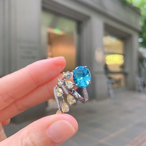 เครื่องประดับแฟชั่น แหวนเปิดรูปวงรีทองแดงรักษ์โลก ขนาด 10*12 มม. ประดับเพชรคิวบิกเซอร์โคเนียเลียนแบบพลอยสีน้ำเงิน สำหรับผู้หญิง - Product Image 2