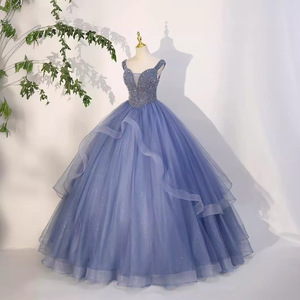 Spring Princess Evening Gown Royal Blue Chiffon Ball Gown Sweetheart Neckline Empire Waistline Glitter Dress - Product Image 3
