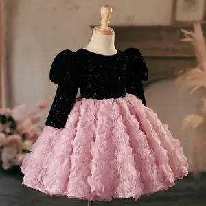 Sequined black princess dress 3D Flowers kids toddler 1 year birthday dress puffy ball gown girls dresses for party