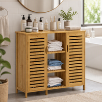 Meuble de salle de bain autoportant moderne en bambou avec portes, étagère de rangement multifonctionnelle à 3 niveaux pour salon - Vente en gros