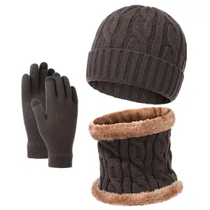 Wholesale 3 Pcs Neck Warmer Fleece Lined Beanie Skull Cap Thermal Soft Luxury Wool Knit Winter Hat Men Scarf And Glove Sets