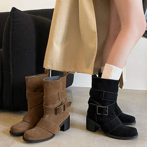 Botas de montar Dui de piel de vaca con hebilla de color sólido de estilo coreano, botas informales, retro, elegantes y versátiles de tacón alto hasta la pantorrilla - Product Image 3