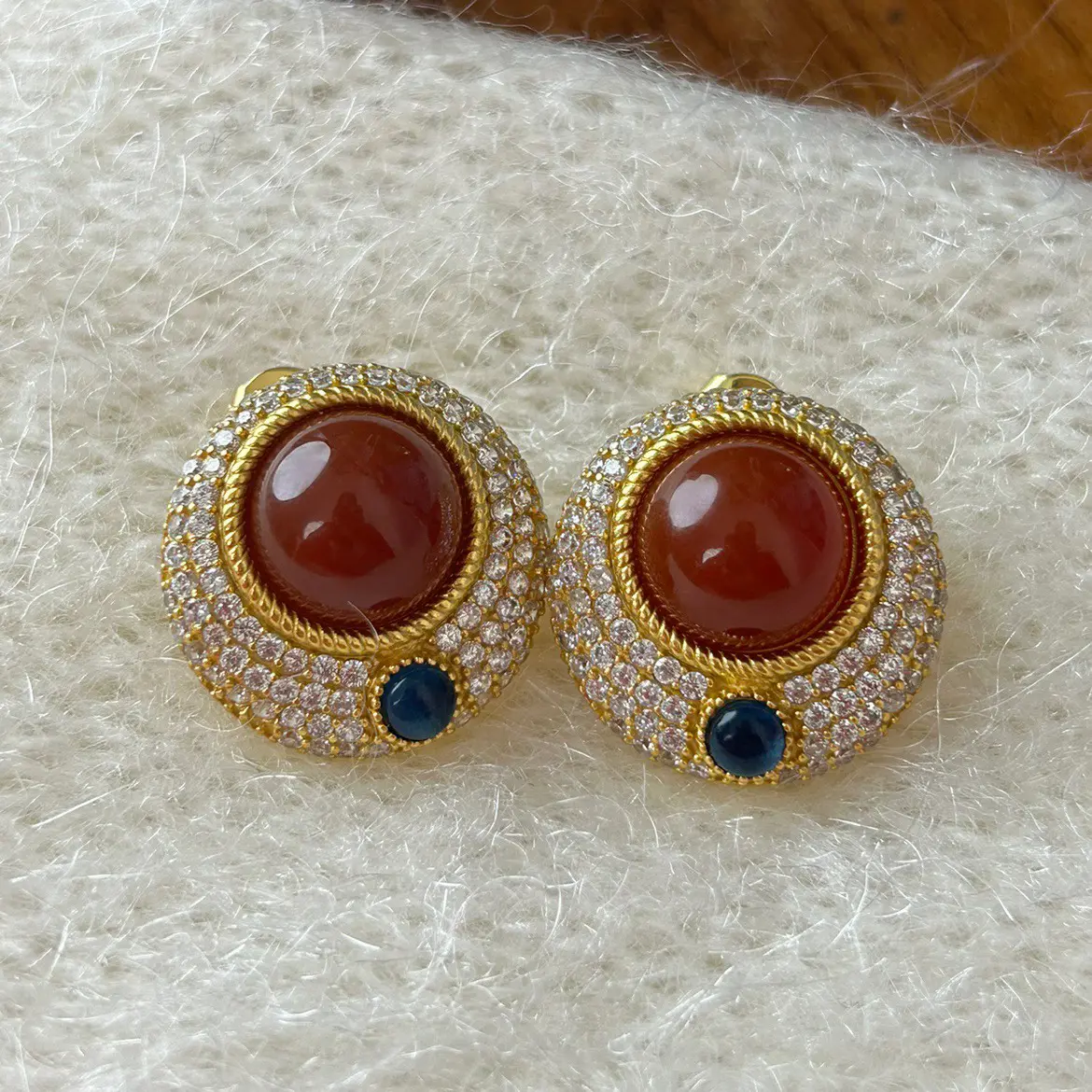 Vintage Design Ruby Gold-plated Zirconia Round Gemstone Stud Earrings for Women Jewelry