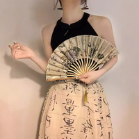 Nouveau éventail pliant imprimé de fleurs style peinture à l'encre chinoise, portable, en bambou, personnalisable, style antique, pour Halloween