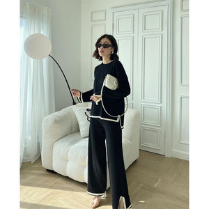 2026新款春秋女装两件套针织套装拼色分体长袖上衣高腰修身阔腿裤优雅套装 - Product Image 1
