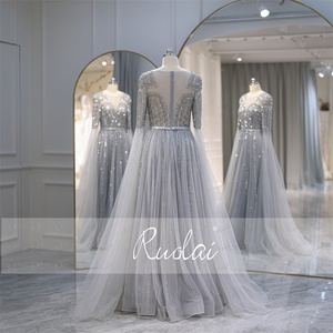 Ruolai LWC8135 A-line uzun kollu tekne boyun abiye boncuk kanat balo kıyafetleri ile - Product Image 6