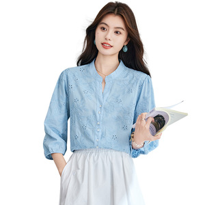 Camisa de Manga Tres Cuartos con Cuello en V y Bordado Calado para <span class=keywords><strong>Mujer</strong></span>, Nueva Colección 2026, Top Elegante y Sencillo de Algodón Puro - Product Image 5