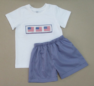 Patriotic American Flag Smocked Kids Clothes Set Fourth of July Toddler Outfit Gingham <b>Short</b> Set <b>Romper</b> Collection - Product Image 5