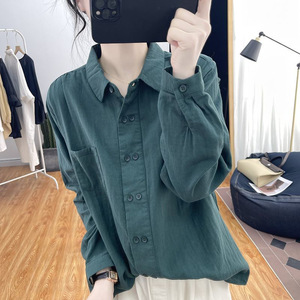 Caramel Cotton Linen Long Sleeve Shirt Women Loose Fit Pocket Design Spring Autumn Casual Top - Product Image 3