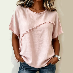 T-shirt décontracté en lin pour femme, col rond, manches courtes, coupe ample, couleur unie, franges asymétriques, respirant, tissé, printemps-été - Product Image 1